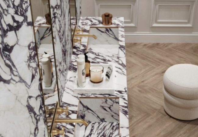 Calacatta Viola - Céramique Infinity - Finition Levigato Pearl (Velour) - Plans Cuisines