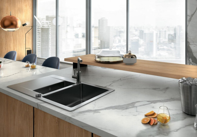 Classic Statuario - Céramique Infinity - Finition Lucidato (Poli) - Plans Cuisines