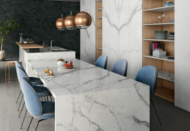 Classic Statuario - Céramique Infinity - Finition Satinato (Satiné) - Plans Cuisines